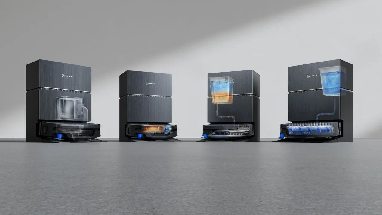 DEEBOT X12S PRO OMNIのOMNIステーションと本体の内部構造を4段階で示した図