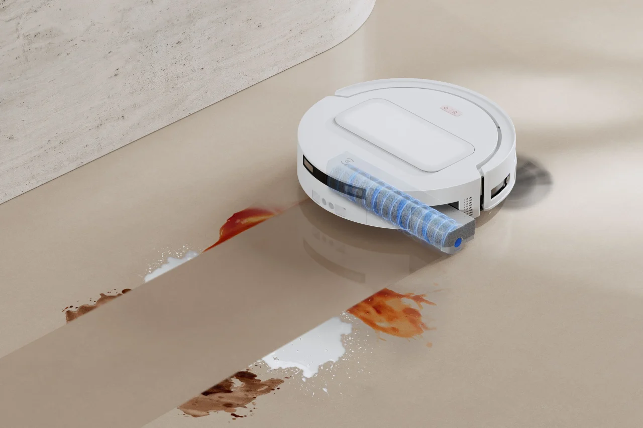 DEEBOT T90 MAX FamilyのOZMOローラー定圧式常時洗浄モップシステム 3.0による床の水拭きとローラー洗浄の様子