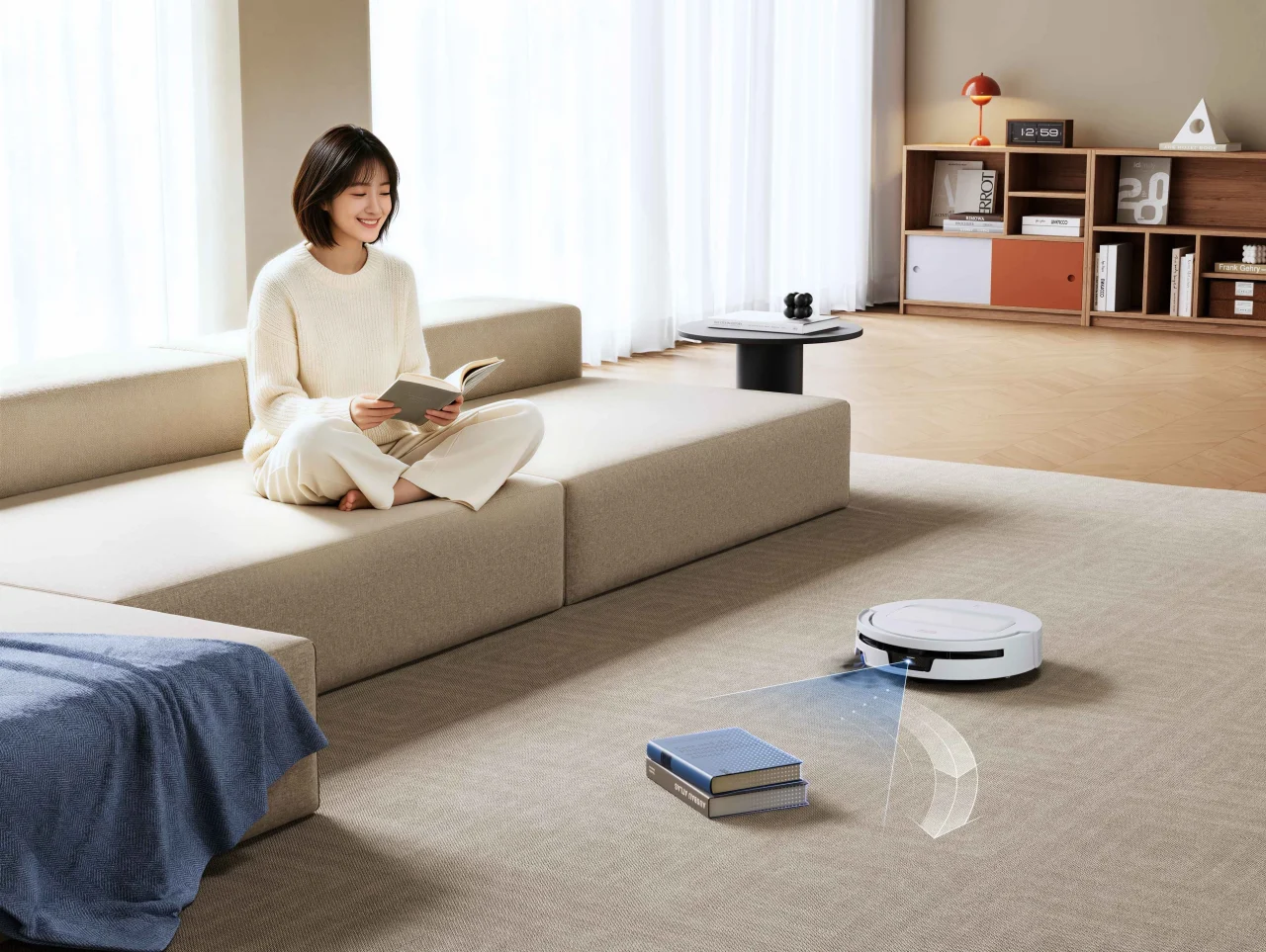 DEEBOT T90 MAX Familyの障害物回避機能を示す、カーペット上のロボット掃除機と検知範囲のイメージ