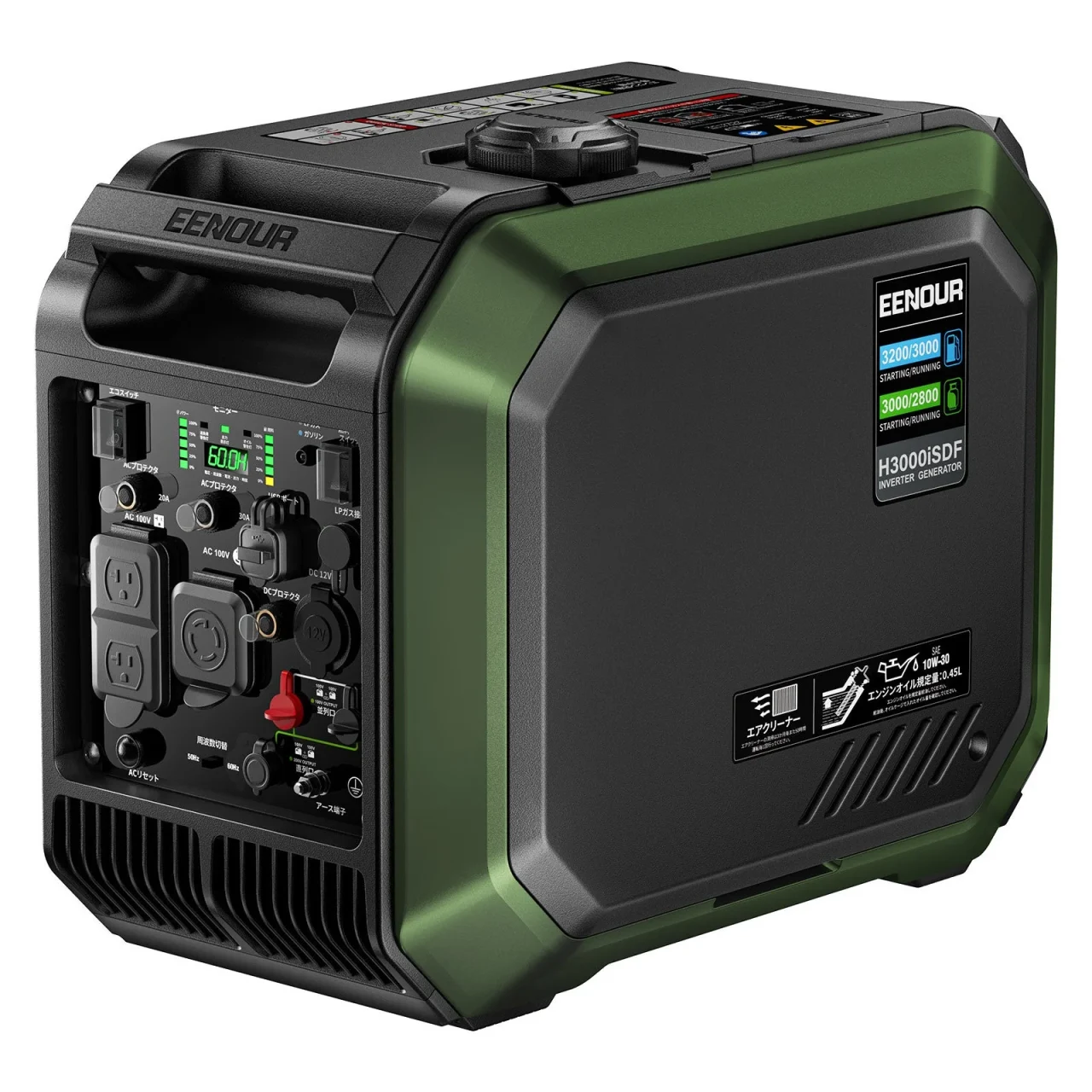 EENOUR発電機H3000iSDFの本体。緑と黒の筐体で、前面にLCDパネルとAC/DC出力ポートが配置されている。