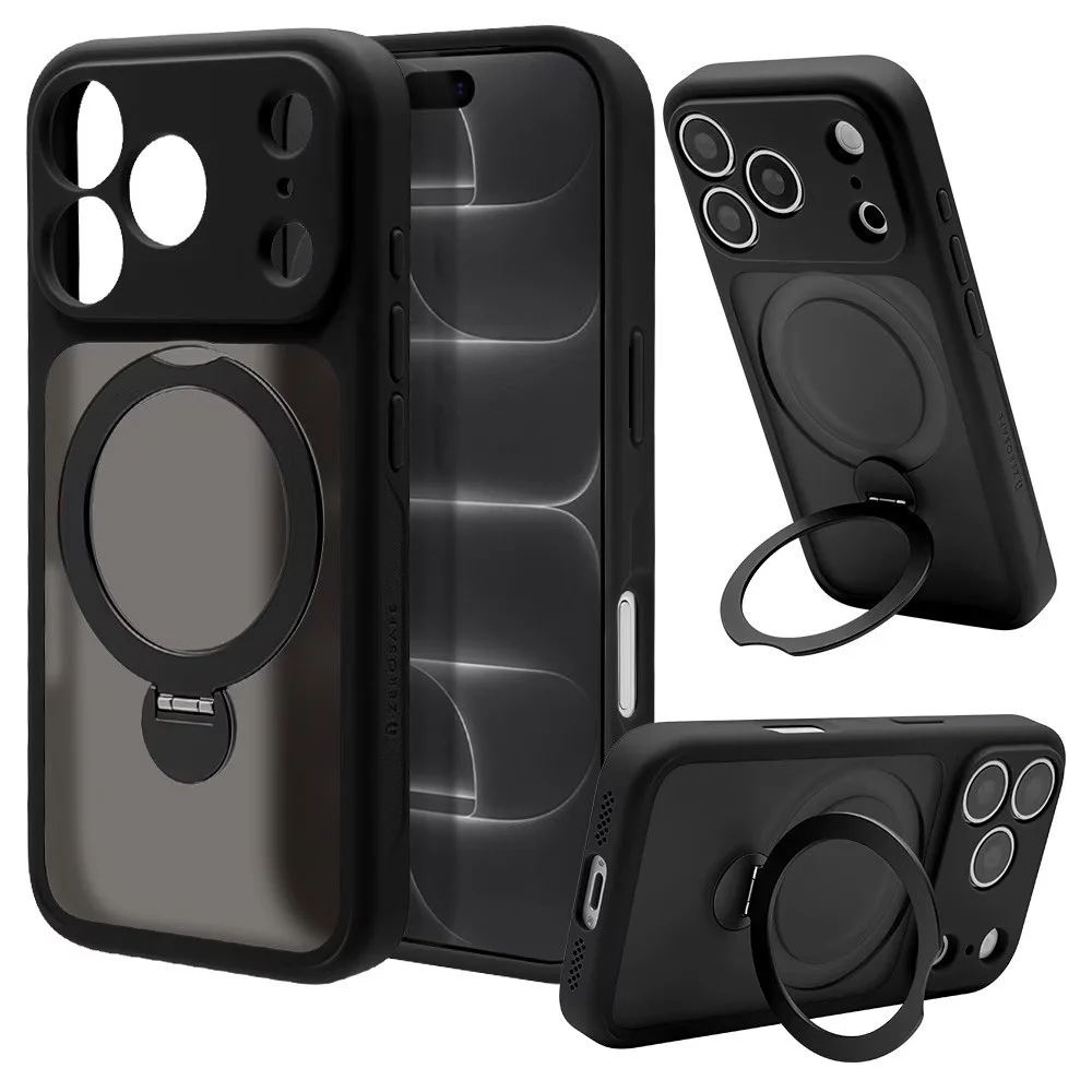 ZEROSAFE Shaft iPhone 18 Pro / 17 Pro フロストブラックの背面とリング展開状態