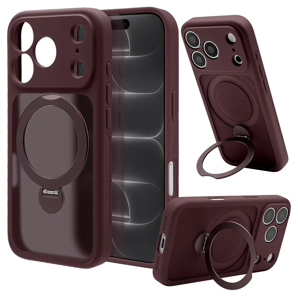 ZEROSAFE Shaft iPhone 18 Pro / 17 Pro フロストダークレッドの背面リング展開状態
