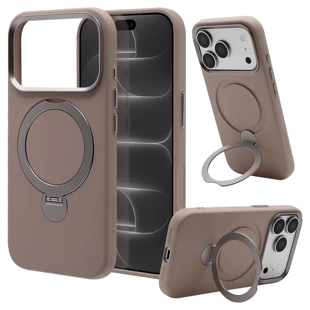 ZEROSAFE Mellow トープのiPhone 18 Pro / 17 Pro用ケース。リング付きの背面と側面が写る