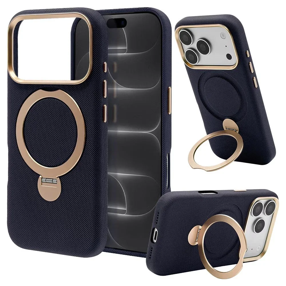 ZEROSAFE Royal ネイビーのiPhoneケース。背面にリングが付いたネイビーのケースが複数角度から写っている。