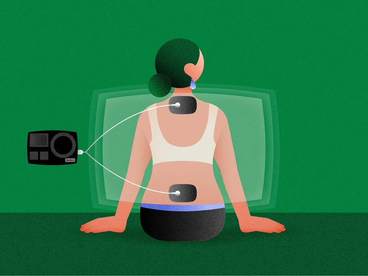 Be.We.X eleka Ⅰの本体とパッドを背中に貼る使用例のイラスト