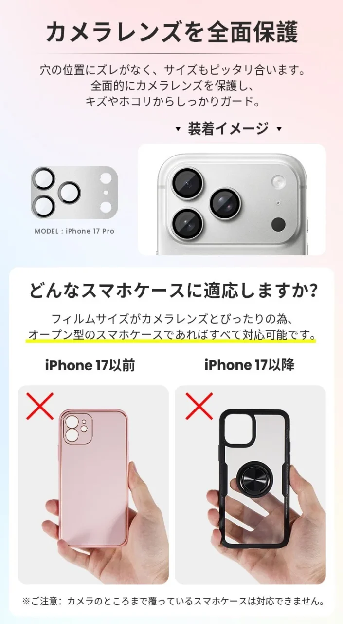 iPhone 17 Proのカメラレンズ保護フィルムの装着イメージと、対応しないスマホケースの例