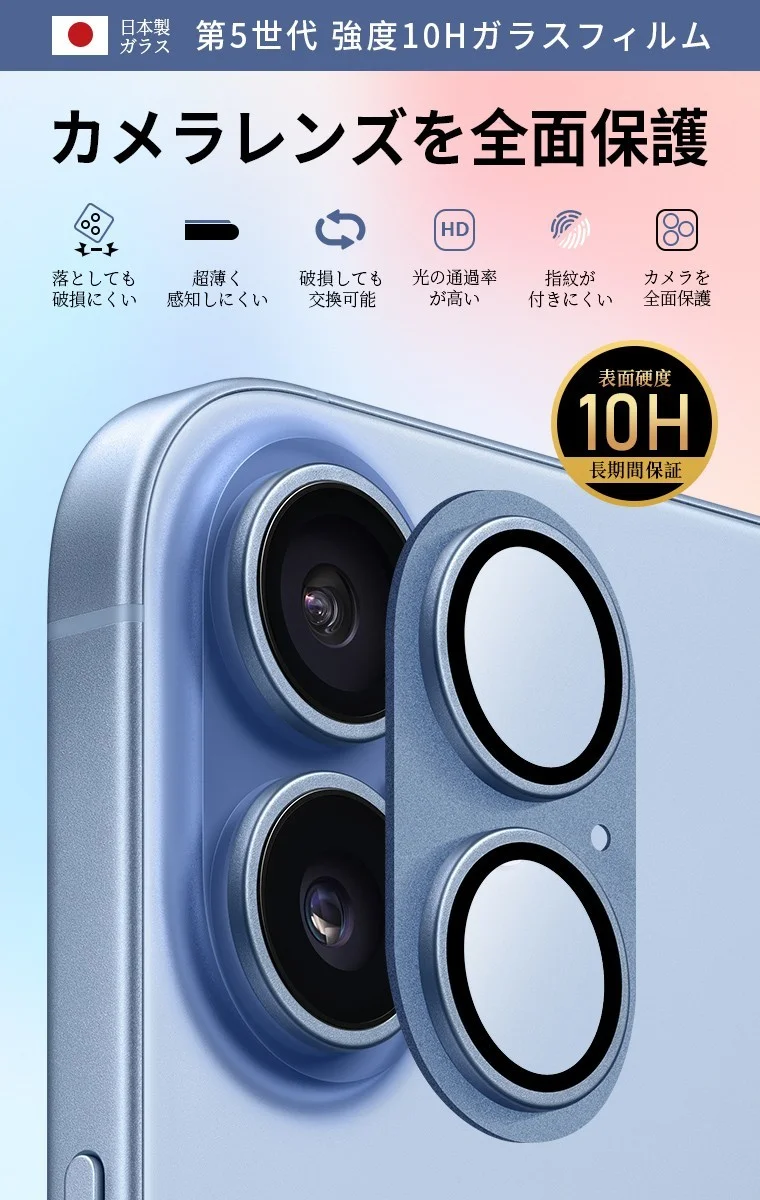 10Hガラス iPhoneカメラカバーの製品概要。第5世代強化ガラスと表面硬度10Hの仕様を強調した告知ビジュアル。