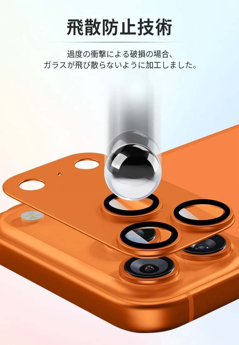 飛散防止技術の説明と、オレンジ色のiPhoneカメラ部分に保護フィルムを装着した状態の画像