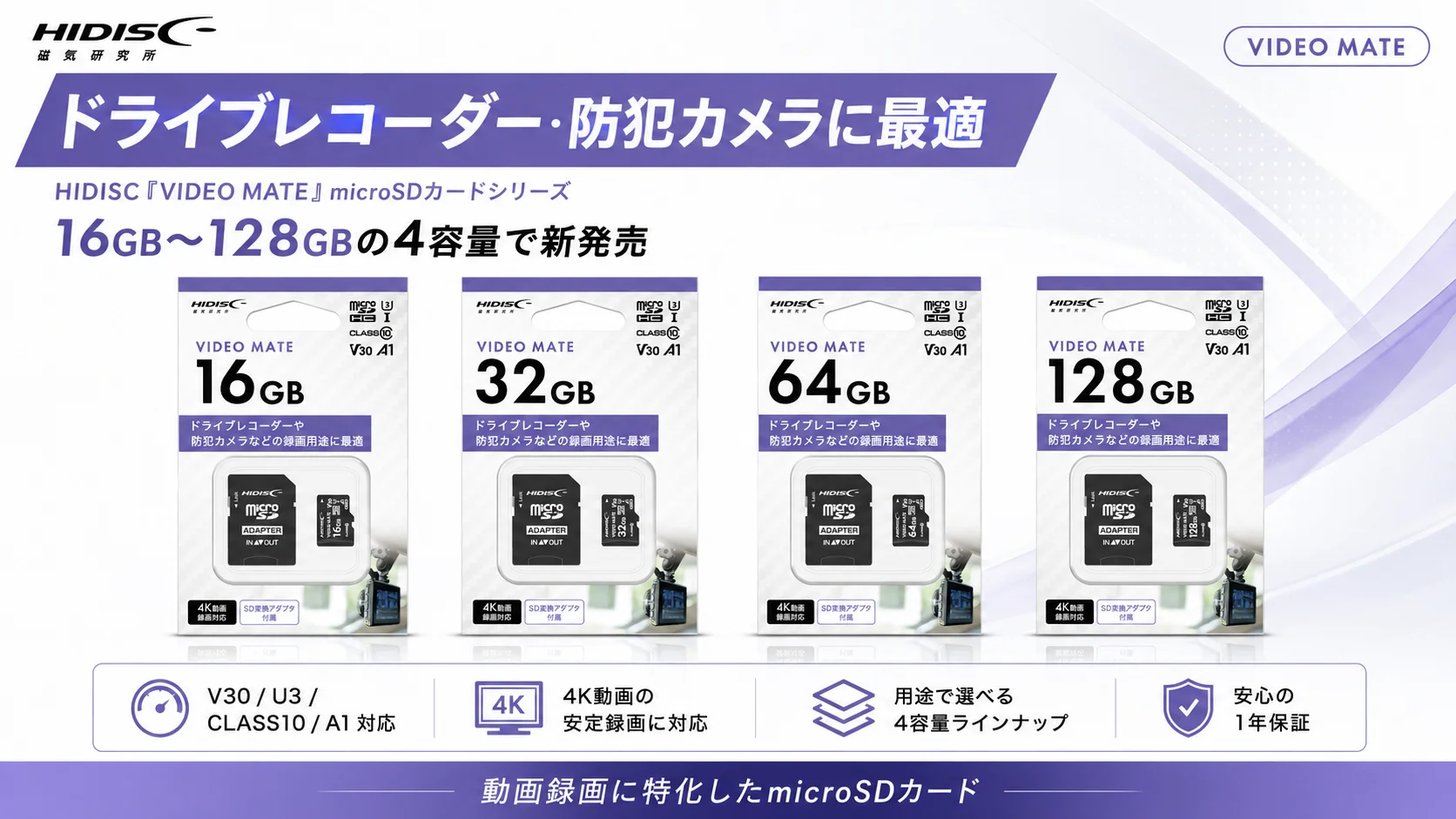 HIDISC「VIDEO MATE」microSDカードシリーズの4容量パッケージと特徴