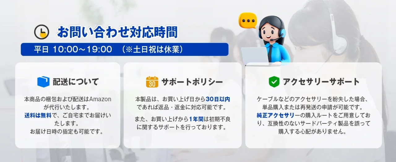 サポート対応時間、配送、サポートポリシー、アクセサリーサポートの情報を示す図
