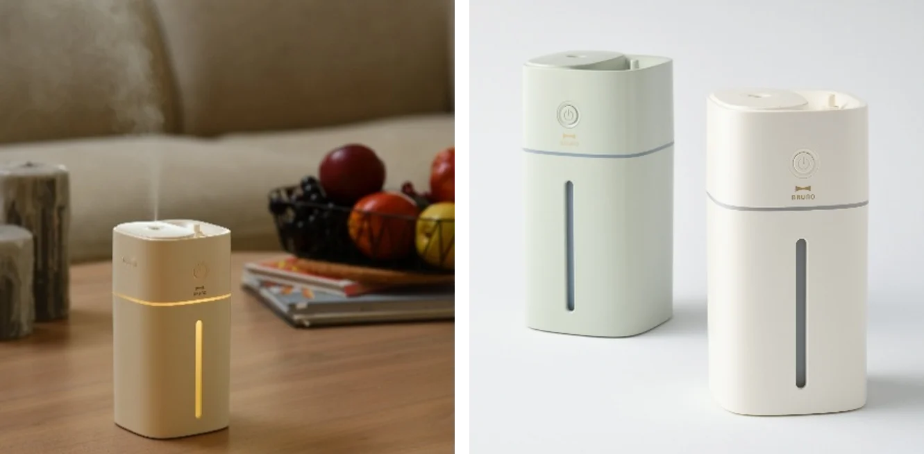 上部給水コードレス加湿器 EASY MISTのアイボリーとセージグリーンの外観