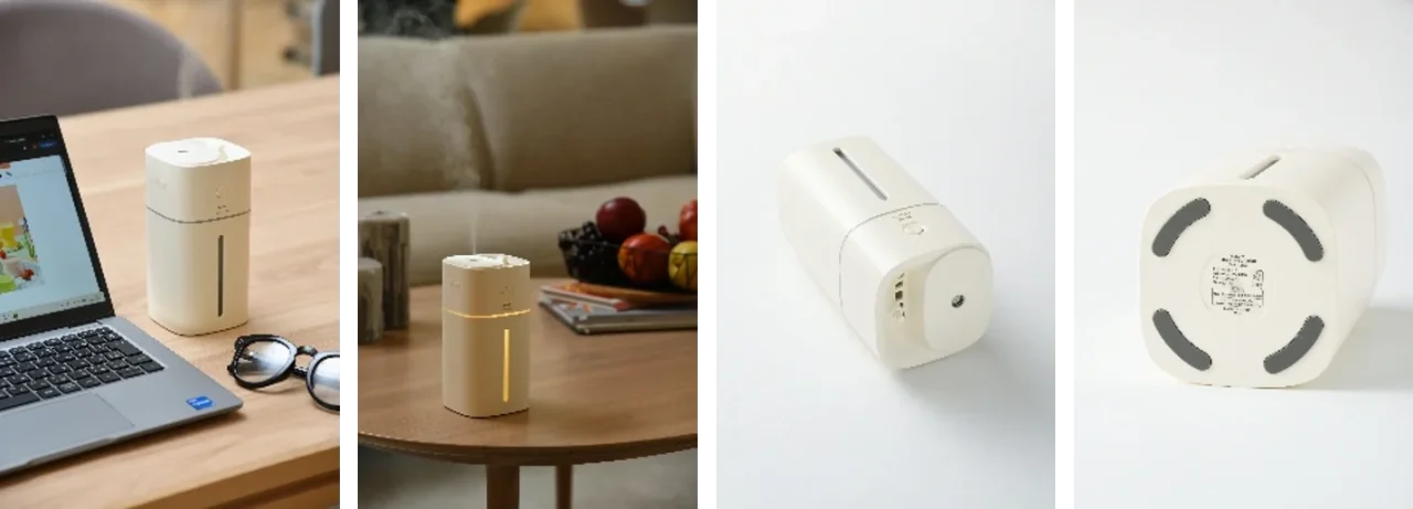 上部給水コードレス加湿器 EASY MISTのデスク・リビングでの使用例と、底面の滑り止め・パッキン構造を示す4枚の画像