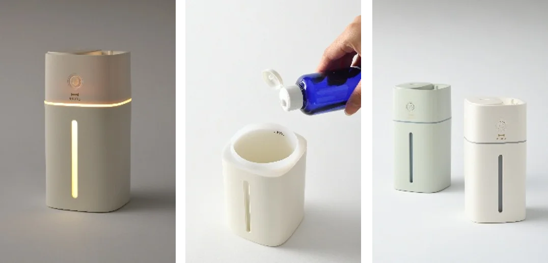 上部給水コードレス加湿器 EASY MISTのLED点灯、アロマ投入、2色展開