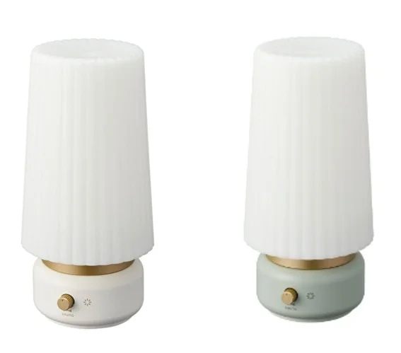 超音波アロマ加湿器LAMP MISTのホワイトとグリーンの2色を並べた製品写真