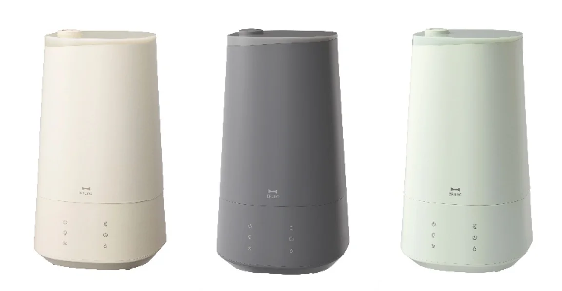 4L超音波加湿器 おまかせミストのアイボリー、チャコールグレー、ライトグリーンの3色を並べた画像