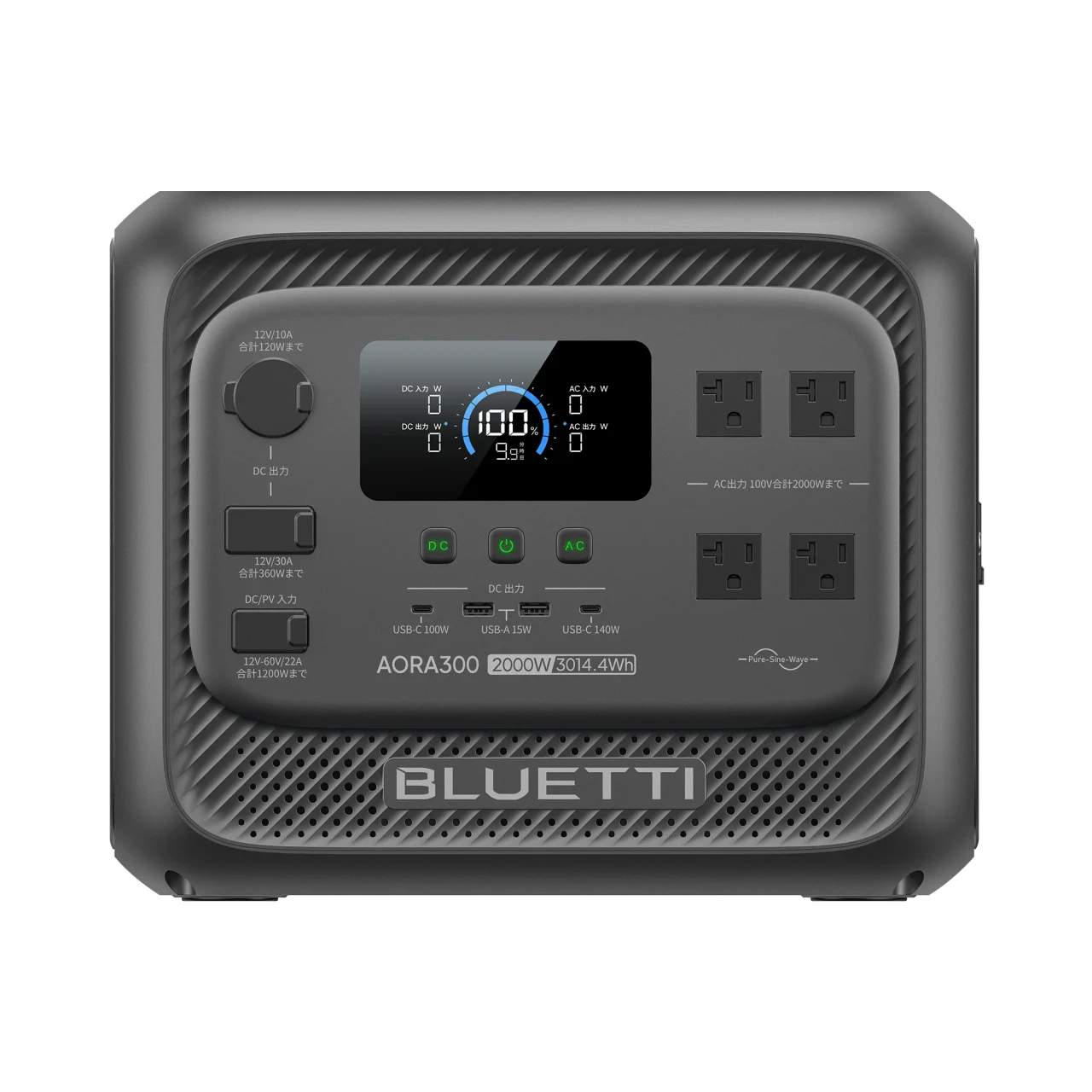 BLUETTI AORA 300ポータブル電源の正面外観。ディスプレイとAC/DC/USBポートが確認できる。