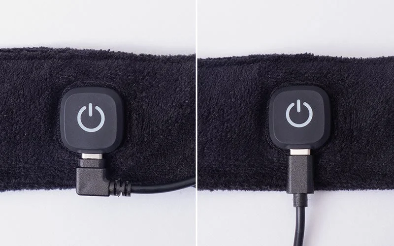 巻くだけUSBネックヒーター「ホッとネック」の電源スイッチとUSBケーブル接続部のクローズアップ