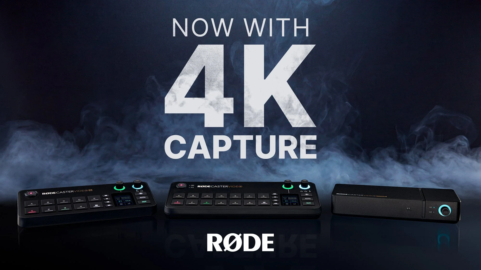 RØDECaster Videoシリーズの製品写真と「NOW WITH 4K CAPTURE」のテキスト