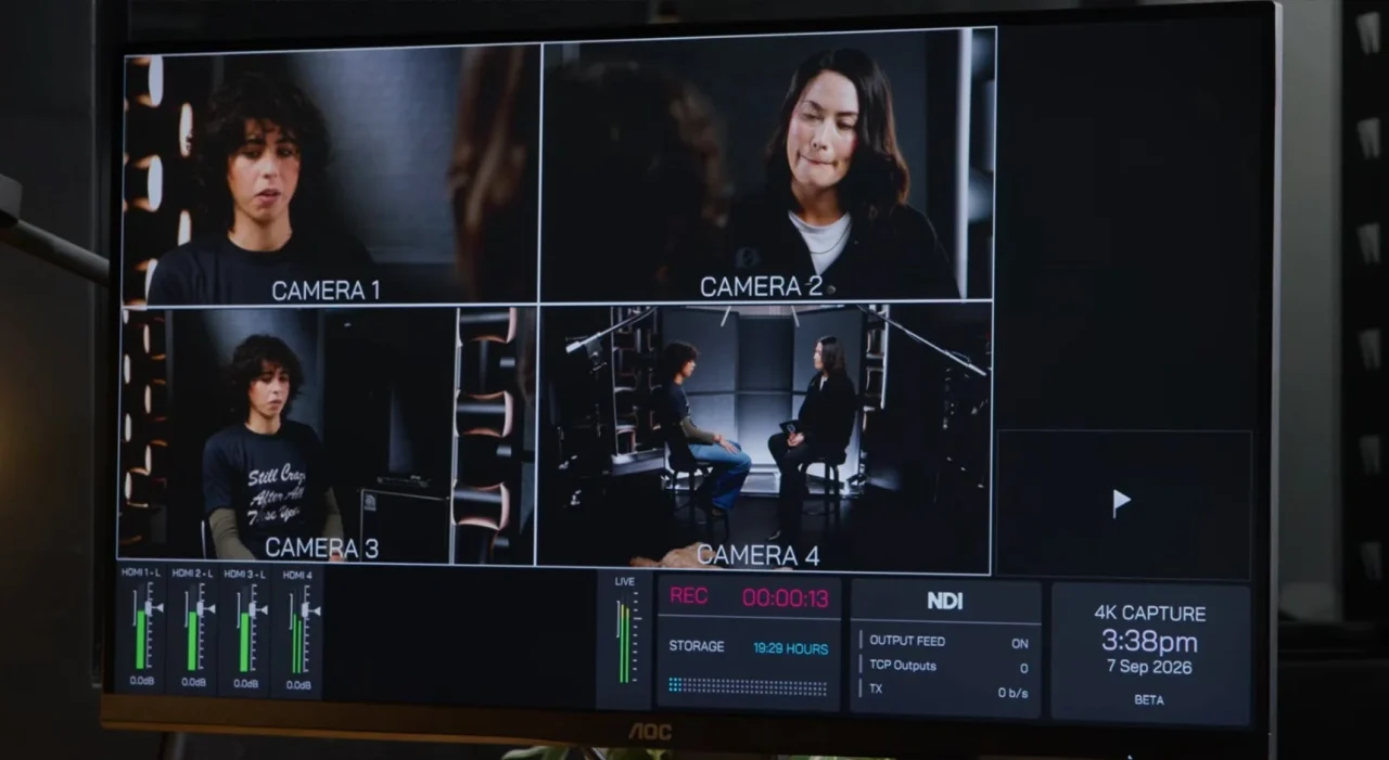 ロードキャスタービデオの4Kキャプチャーモード画面。4カメラ映像と録画状態を表示