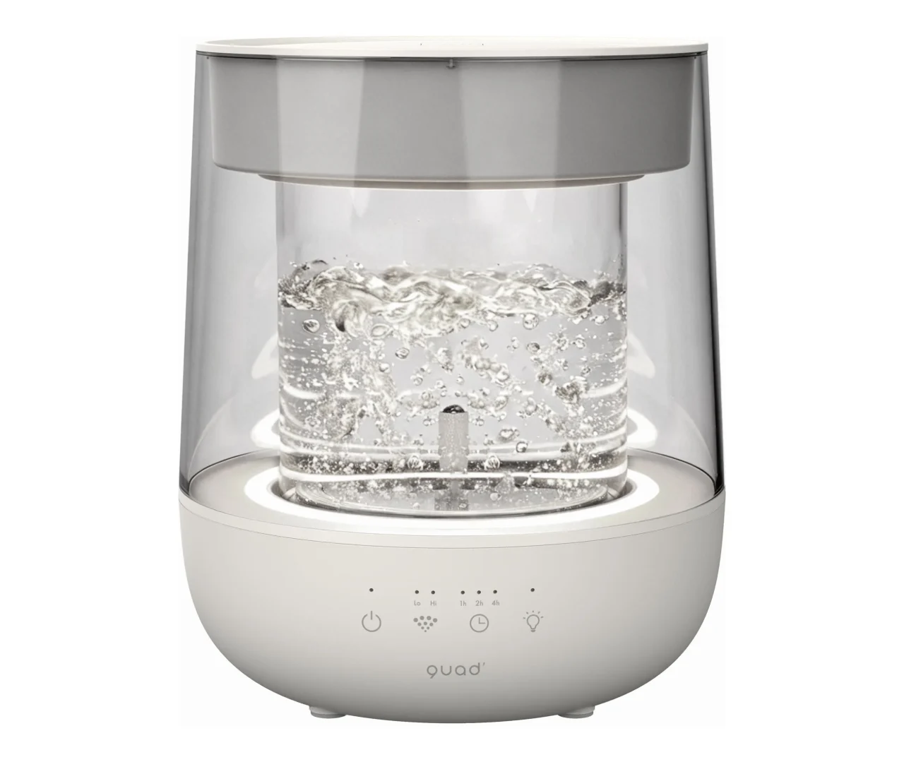 GLASS ガラススチーム加湿器 1.7L。ガラスポットに水が溜まり、泡が立つ様子。