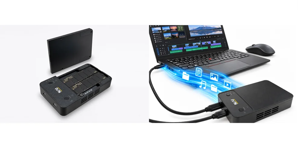 M.2 SSD RAIDエンクロージャー「NU-ENU34B2」の本体と、ノートPCへの接続イメージ