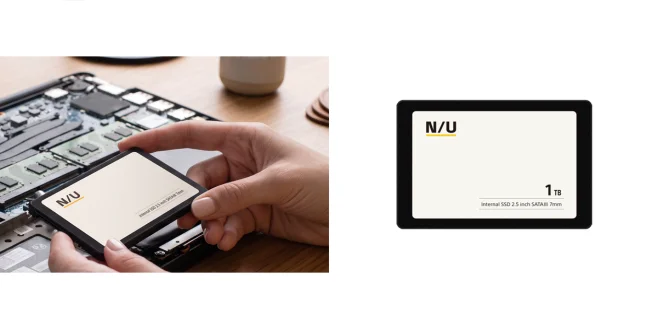 2.5インチ内蔵SSD「NU-SSSAシリーズ」の装着シーンと1TBモデルの外観