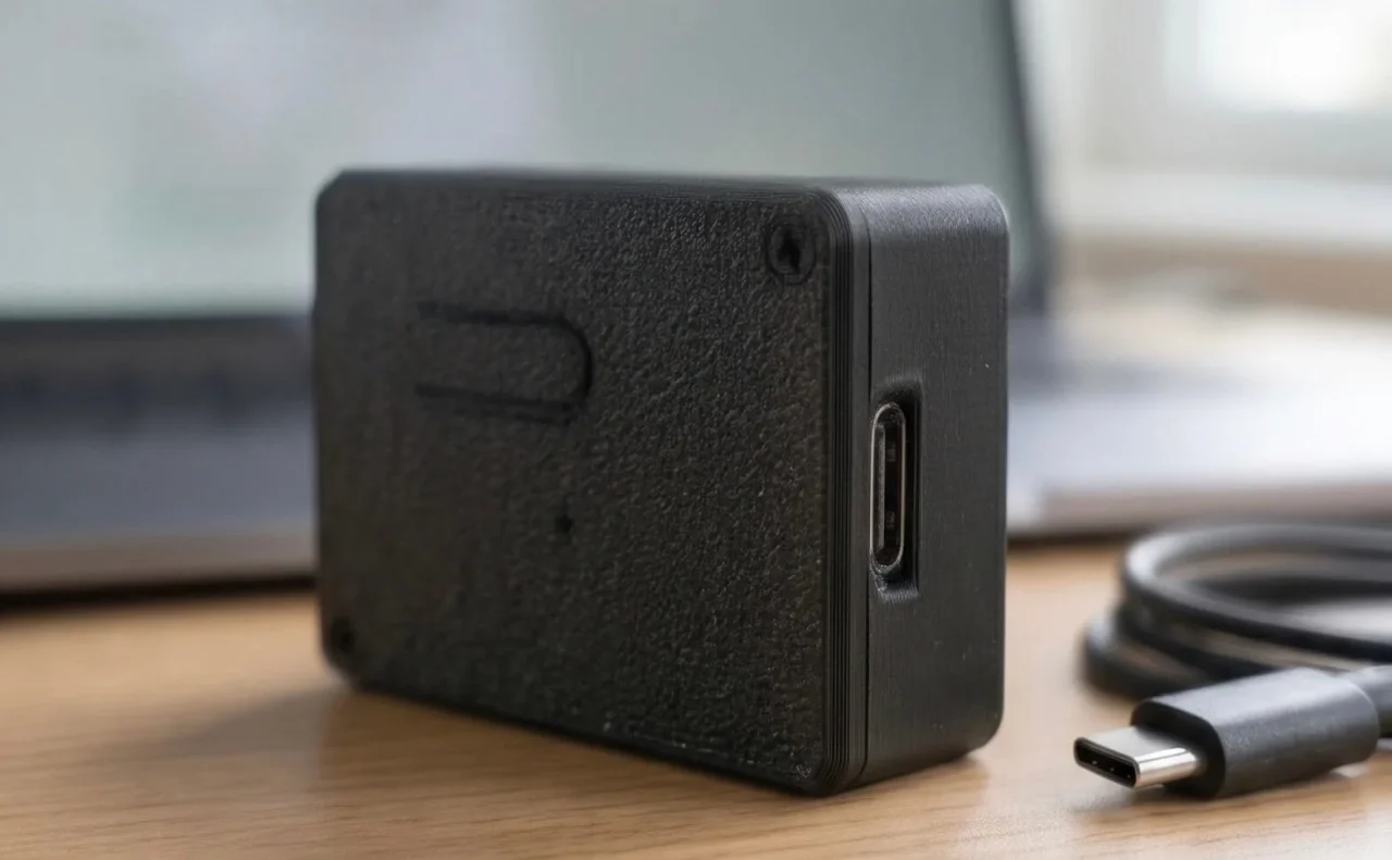 AIRバトラーの黒い本体とUSB Type-Cケーブル