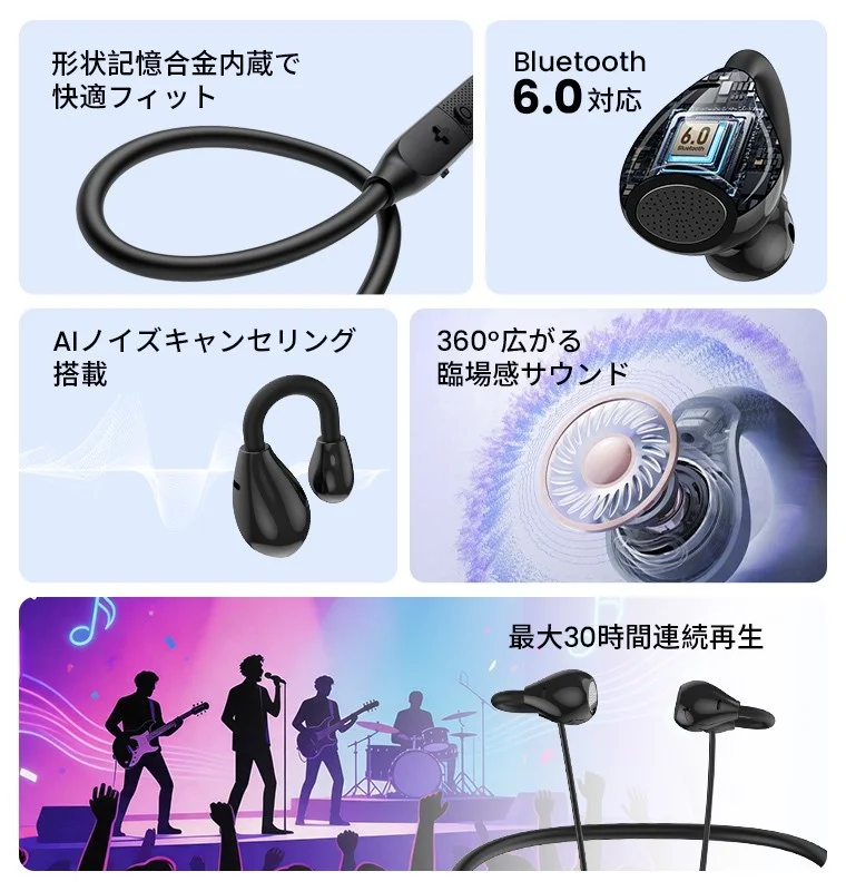 LX06の形状記憶合金、Bluetooth 6.0、AIノイズキャンセリング、360°臨場感サウンド、最大30時間連続再生の機能紹介図