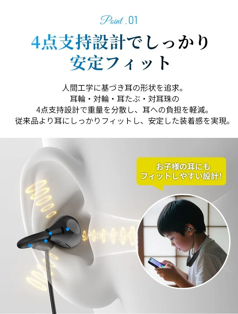 LX06の4点支持設計による安定フィットと、お子様の耳への装着例