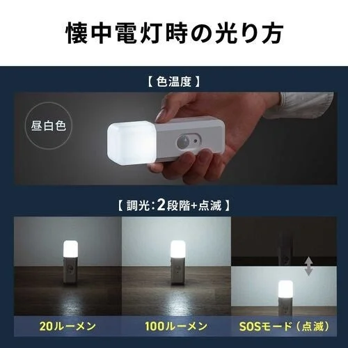 800-LED103の懐中電灯時の昼白色と20・100ルーメン、SOS点滅モードの点灯例