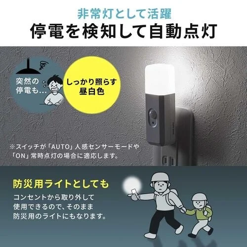 停電時に自動点灯する3WAYライト800-LED103のコンセント設置と防災利用のイメージ図