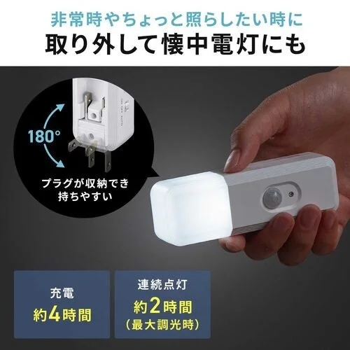800-LED103の懐中電灯モードと回転式プラグの機能を示す図解画像