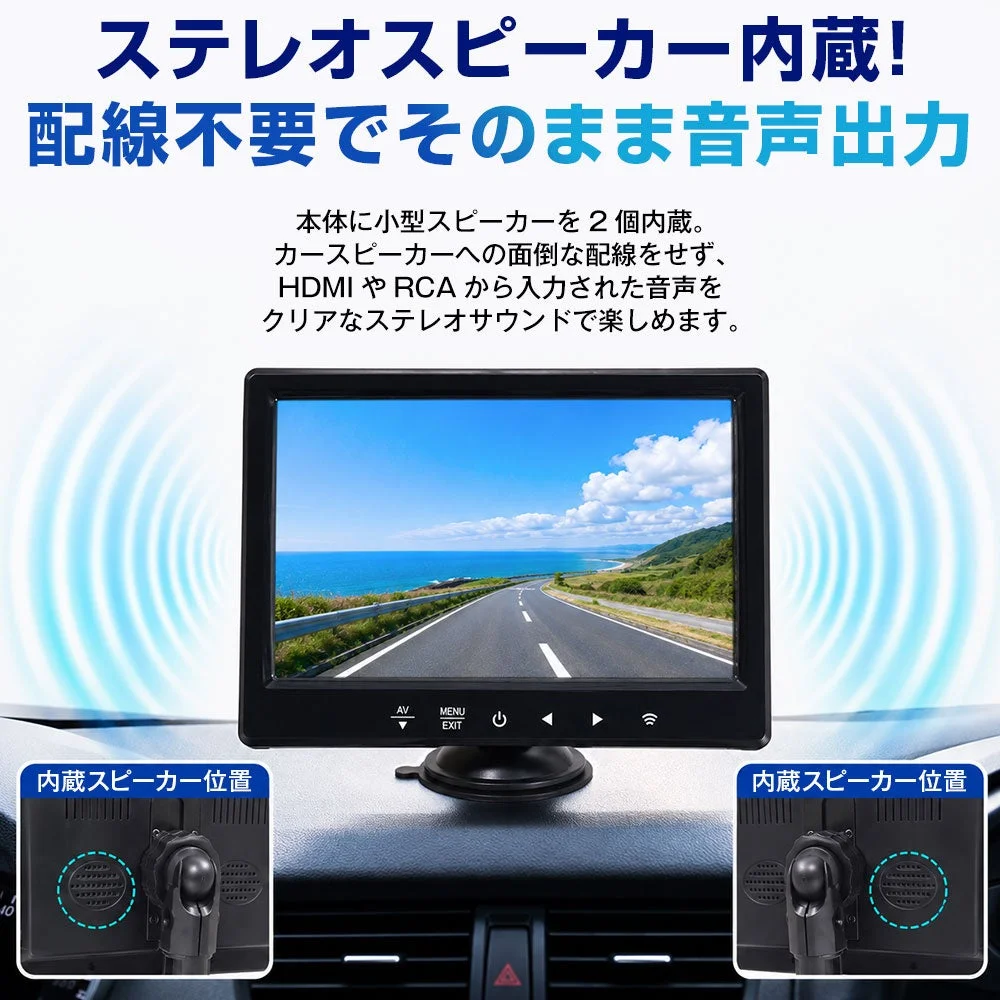 TKH704のステレオスピーカー内蔵機能と車内での音声出力を説明する図