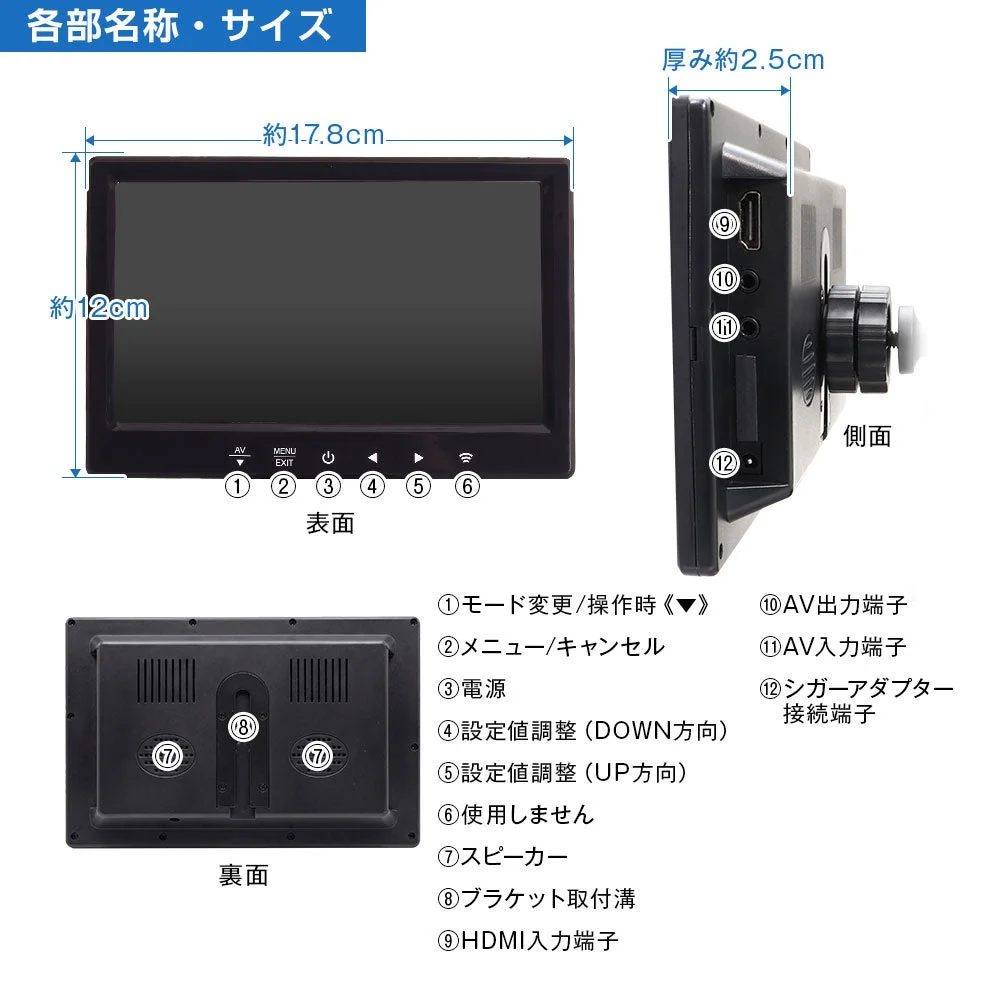 TKH704の各部名称・サイズ図。表面・裏面・側面の端子やボタン位置、寸法を番号付きで示す。