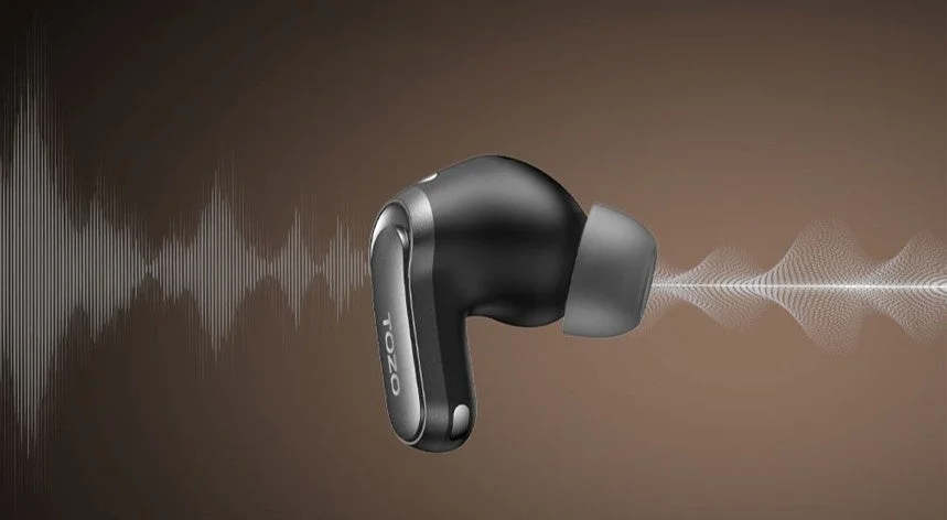 Aerosound6 Proの黒いイヤホンを音の波形とともに描いた画像