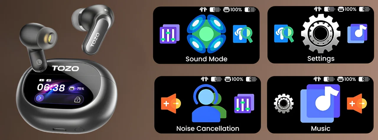 Aerosound6 Proのイヤホンとタッチスクリーン付き充電ケース、操作画面