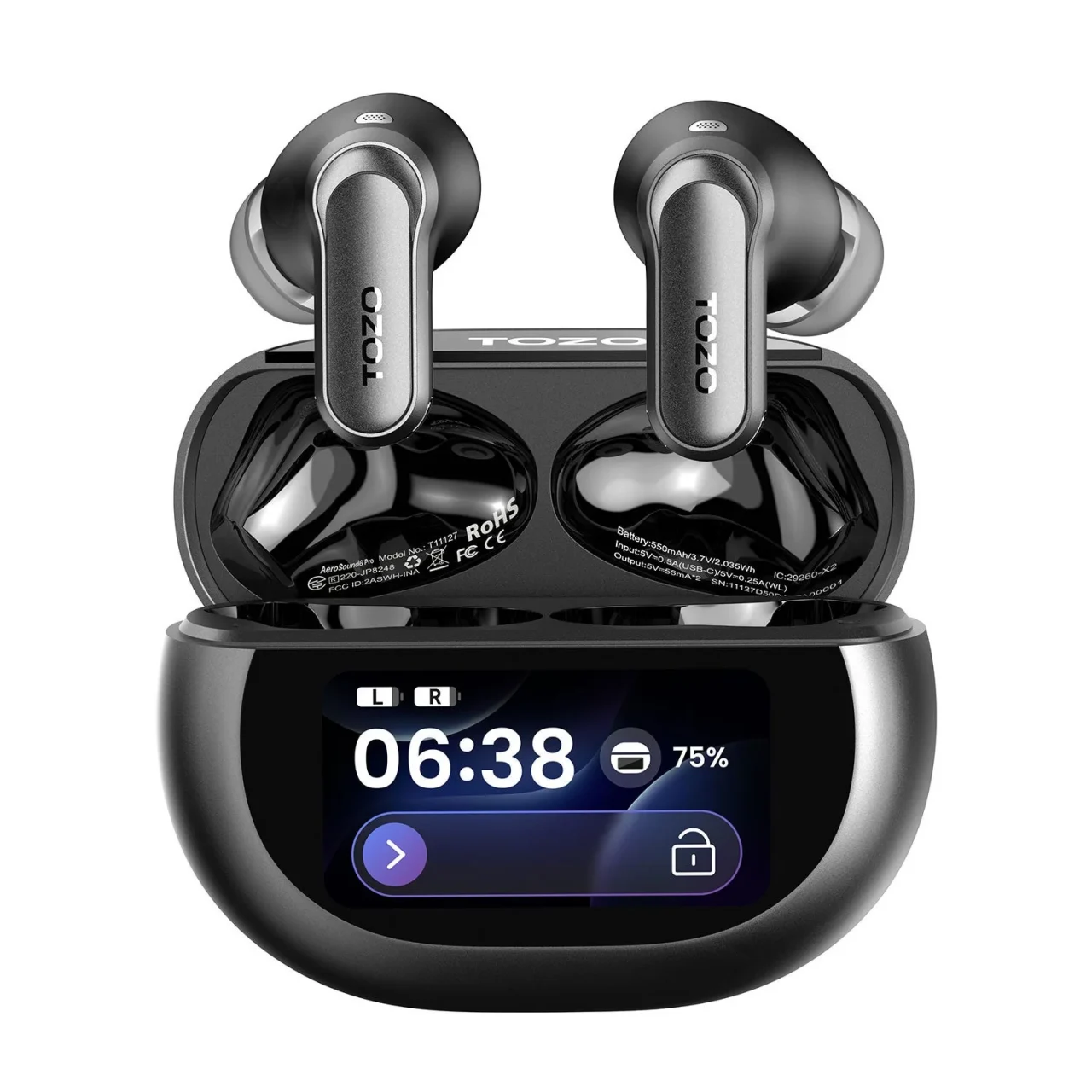 Aerosound6 Proのブラック。イヤホンと画面付き充電ケース