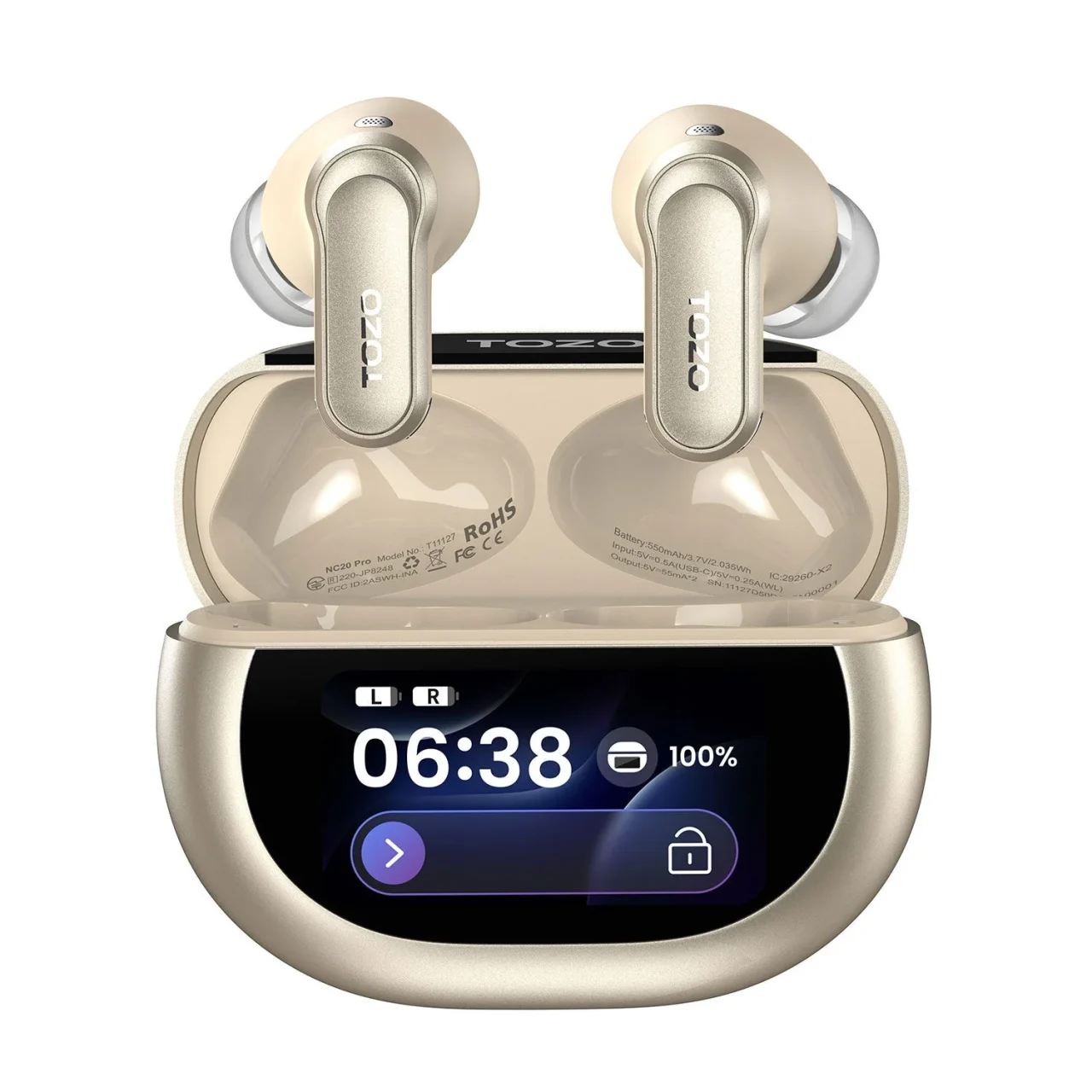シャンパン色のAerosound6 Proのイヤホンと、画面付きの開いた充電ケース