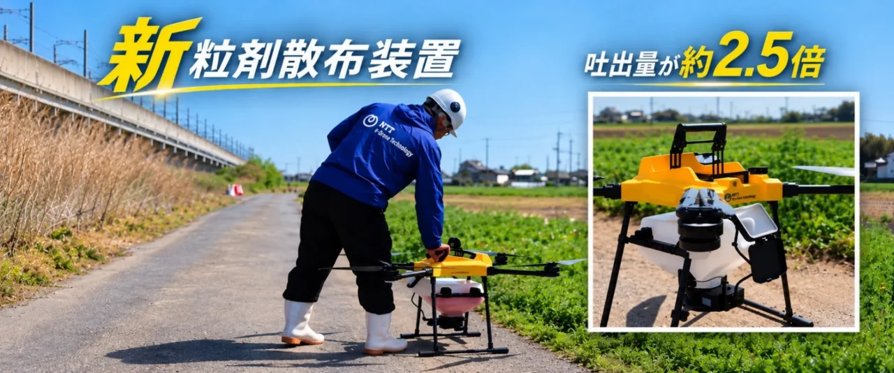 粒剤散布装置「S13」を搭載したドローンと作業者