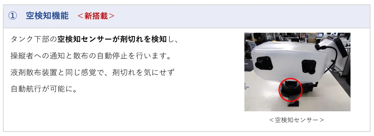 タンク下部の空検知センサーを赤丸で示した説明図