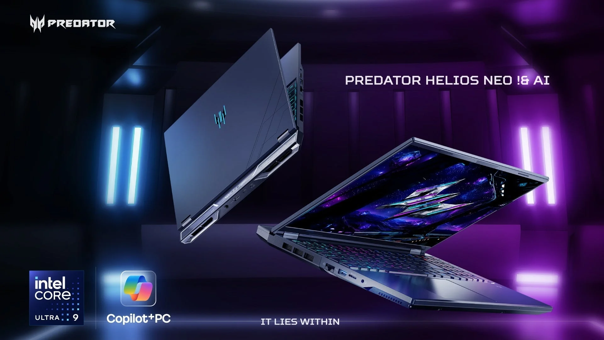 Predator Helios Neo 16 AIの開いた本体と背面を示す製品ビジュアル