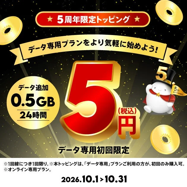 5円トッピング「0.5GB(24時間)」を大きな赤い5とともに示す告知画像