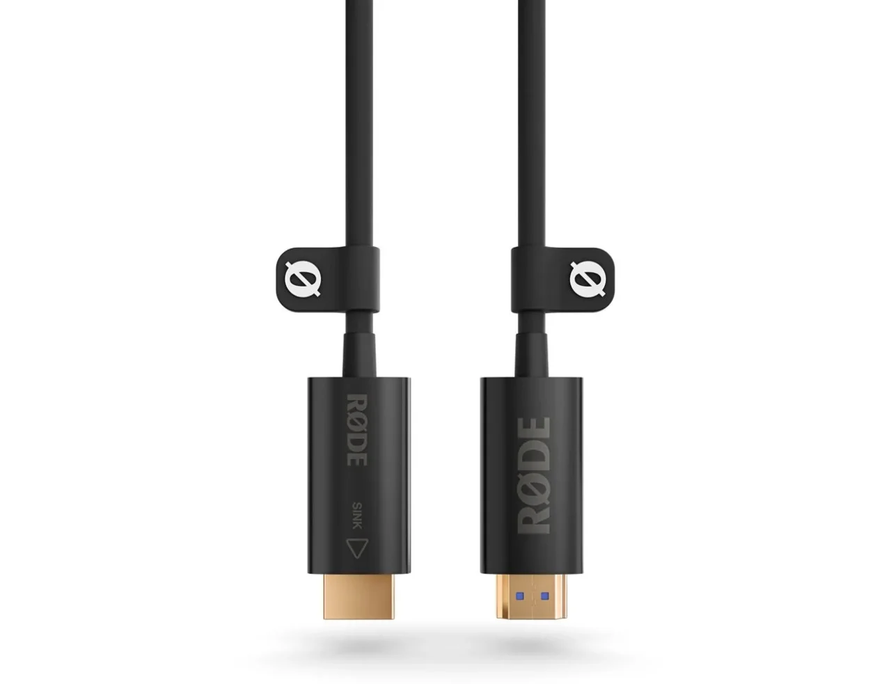 プレミアム光ファイバーHDMIケーブル「HDMI-20」の黒いケーブルと2つの端子