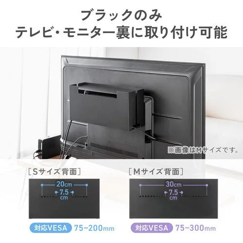 200-CB073BKをモニター背面に取り付けた様子とS・Mサイズの取付寸法図