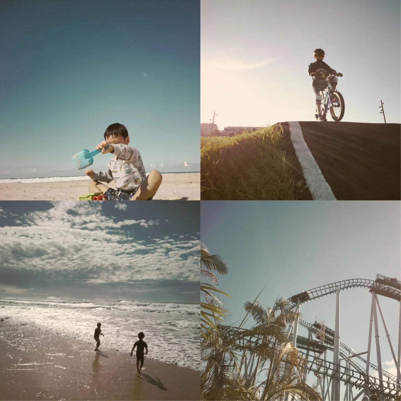 Soft Dayの作例。海辺や自転車、遊具を写した4枚の写真