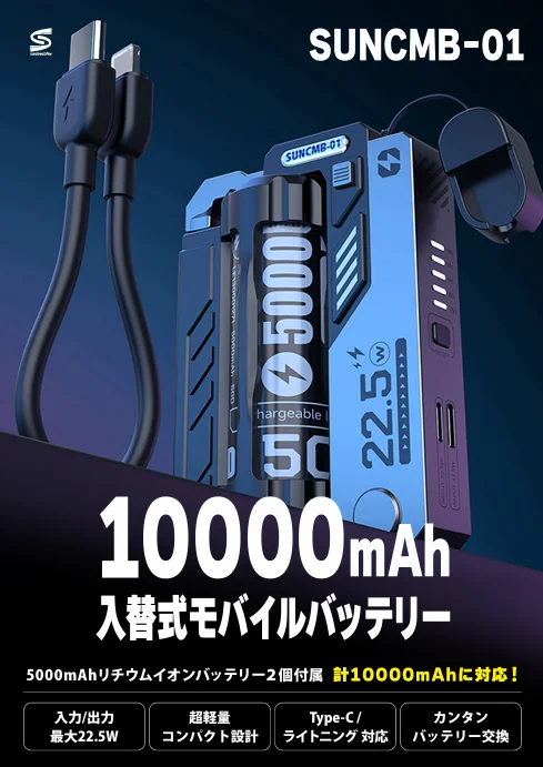入替式モバイルバッテリーの本体と2本のケーブル、交換用バッテリー