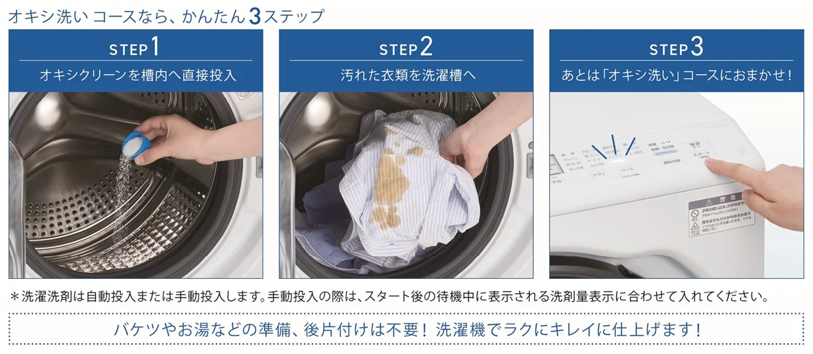 オキシ洗いコースの3ステップを示す洗濯機の操作写真