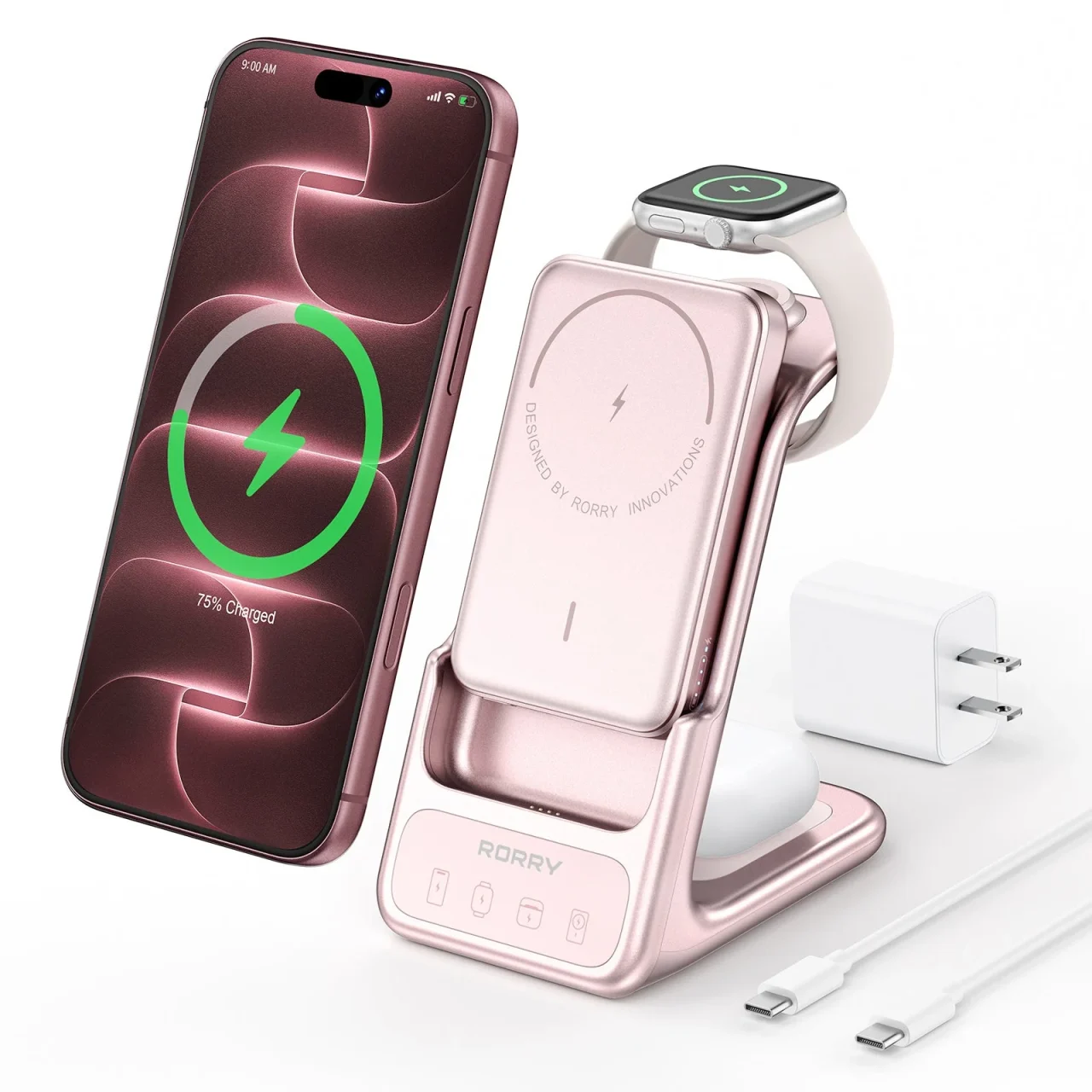 RORRY AuraDockのピンク。スマートフォンと時計を置いた充電スタンド