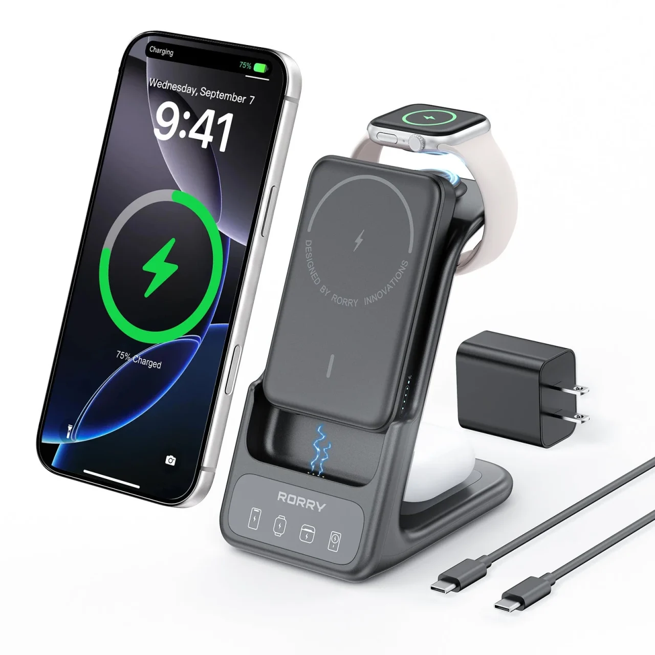 RORRY AuraDock ダークブラックの充電スタンドと付属品