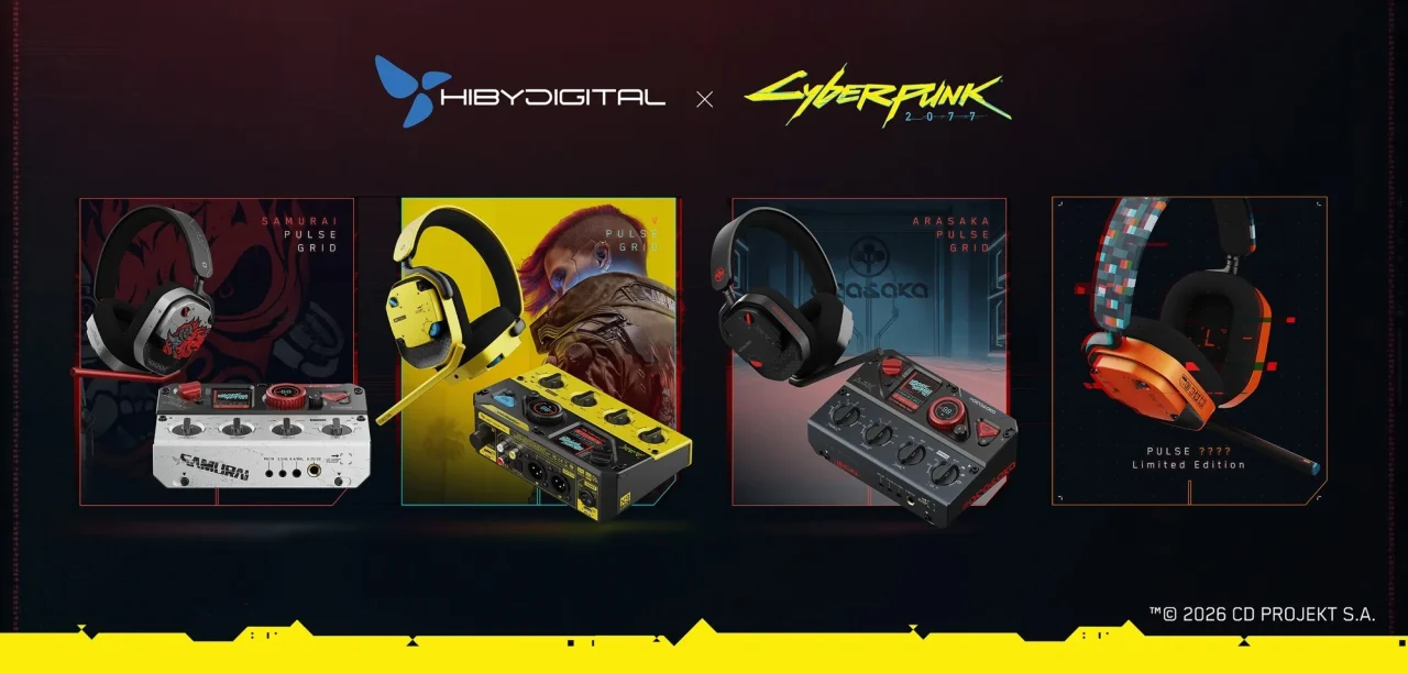 HiBy Digital × Cyberpunk 2077製品ポスター。4種のデザインのヘッドセットと機器